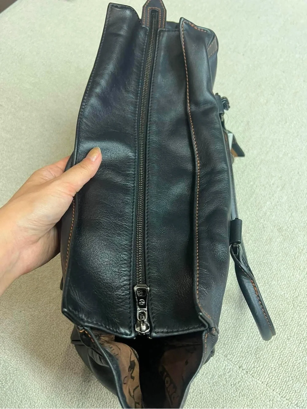 Longchamp Black Leather Tote with Brown Contrast Trim